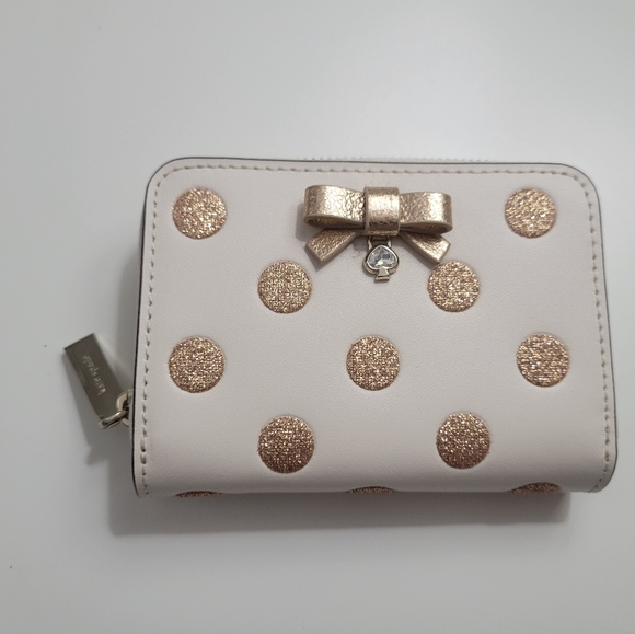 NWT kate spade white crem bow polka dot champagne gold zip around small wallet - Picture 1 of 5